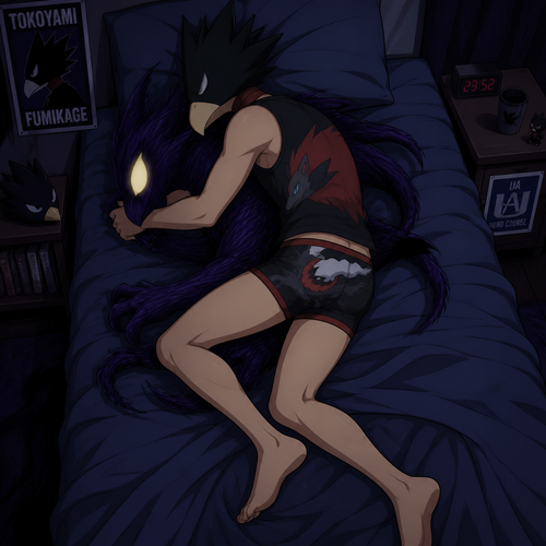 Tokoyami Fumikage wearing tight Darkrai themed boxers and Zoroark themed sleeveless shirt. He is sleeping on his bed, cuddling with his quirk, Dark Shadow. Anime art style, solo, full body.