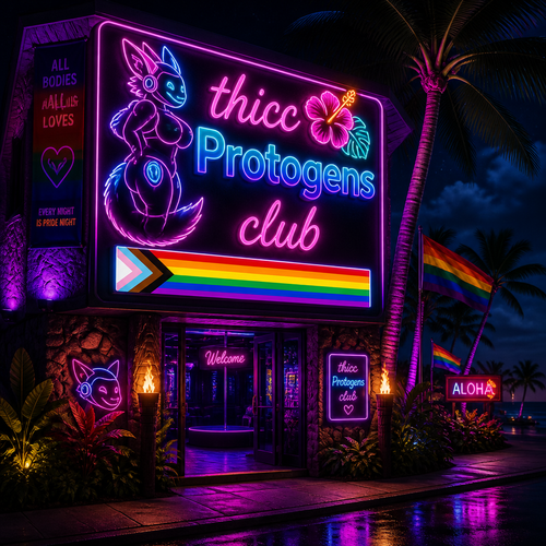 A LGBTQ strip club that says; thicc Protogens club. Well-made version. In Hawaii at night.