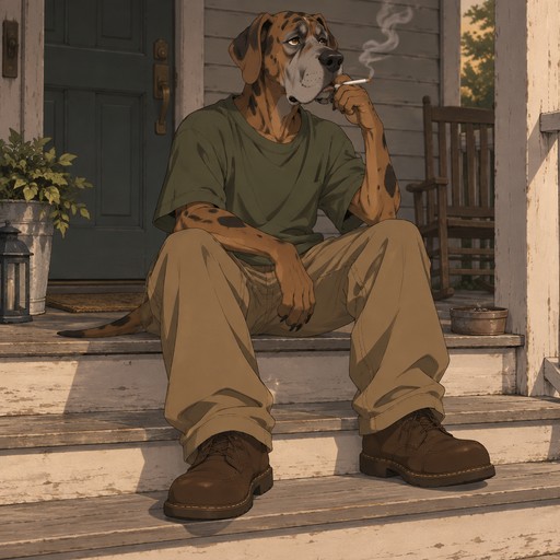 A 16 year old male Great Dane with brown fur and black spots wearing a loose green t-shirt, brown baggy khaki pants, and brown leather shoes. Sitting on the porch smoking a cigarette. Anime art style, solo, full body.