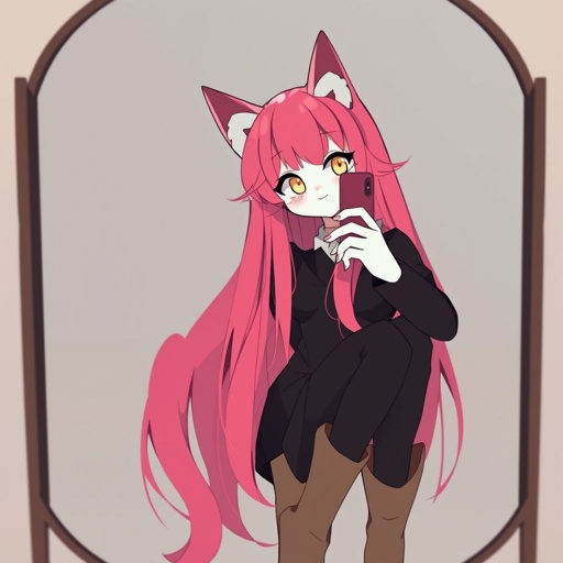 Pink cat girl with pink longhair, white lower face, white inside hands, yellow eyes and in Black dress, black tights and brown boots blushing and making selfie on the mirror