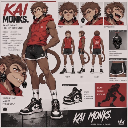 A high school aged male monkey with a tail wearing tight black short sports shorts, red sleeveless hoodie, black and white shoes, and big obsidian skull earrings in both ears. Reference sheet, anime art style, sport theme, with the name of Kai Monks.