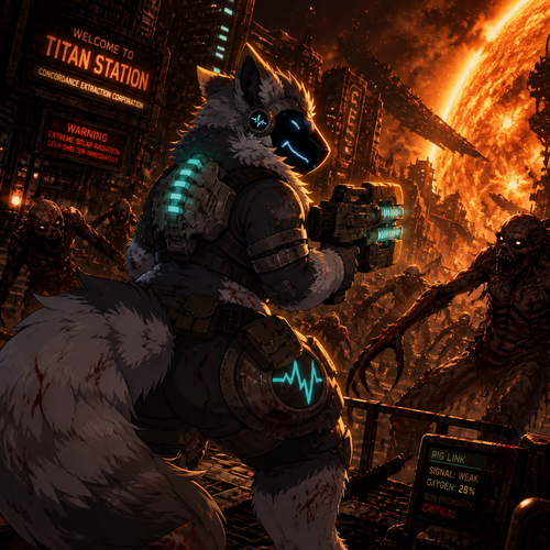 A thick fluffy Protogen in Dead Space universe, carrying a plasma cutter for self defense and fighting for survival in a city in space, close to the planet and near the sun. A well anime version. A sci-fi horror.