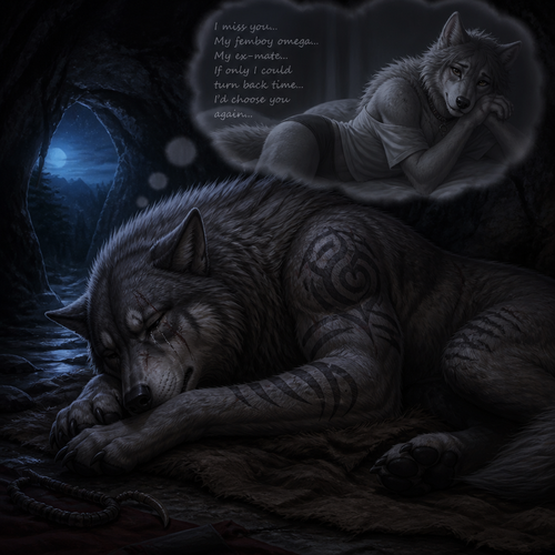 A well-made big and strong alpha male grey wolf tribal adult who is very sad and alone in a cave, sleeping yet sob a little, and dreaming in thoughts of how much he misses his ex-mate the grown femboy grey wolf omega tribe and wishes to be together despite his regrets in his sleep.
