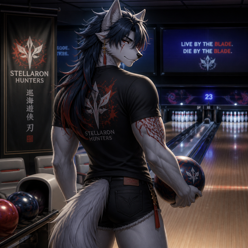 A well-made version of Blade from Stellaron Hunters as a silver fur anthro Wolf who’s about to go bowling and wear short shorts and a T-shirt.