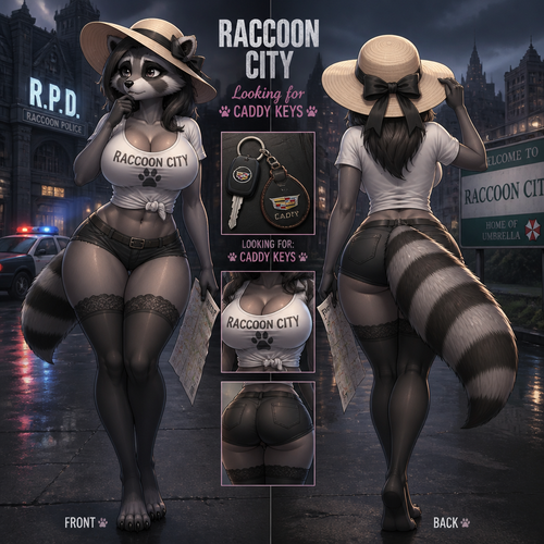 A well-made adult female raccoon character with a shirt on that has thigh highs and boobs who’s looking for something like a car keys for a caddy also wears a sun hat. Animated version. At the Raccoon city. Front/Backshot view. 