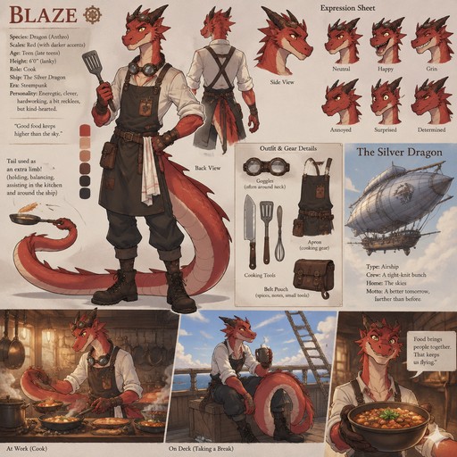 A lanky male anthropomorphic dragon with red scales named Blaze in the steampunk era, looks like a teenager, big tail that he uses as a extra limb, works on a airship named the “Silver Dragon”, is the cook, reference sheet, one big picture