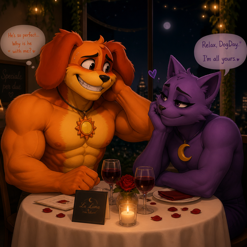 DogDay, a well-made grown anthro smiling critter (a leader of the smiling critters) with buff body and nervous about on a romantic date with his boyfriend, Catnap (the smiling critter and has eyeliner). 