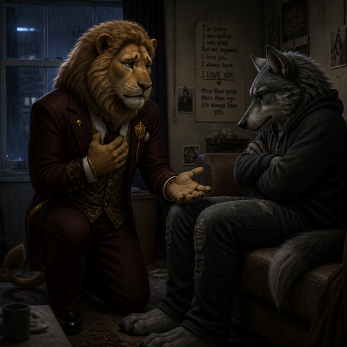 A (well-made grown anthropomorphic male character) rich Barron a Lion with a sad look that wears whatever he wears who came to see a unhappy non-rich anthro male grey Wolf for an apology for how he’s sorry and tell him he loves him and says his feelings for him because he’s gay.