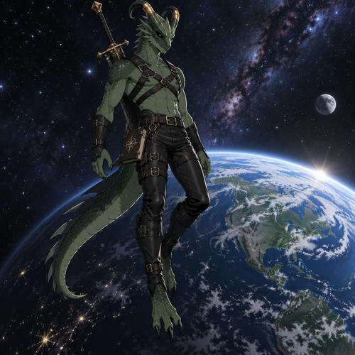 A high school aged green scaled male dragonoid with insect chitin covering his head, 2 inward curving horns, black eyes, wearing a leather harness, tight black leather pants, gold coverings on parts of his horns, a great sword on his back, and a leather bound journal hanging on the right side of his waist. He is floating in outer space above a planet that closely resembles Earth. Anime art style, solo, full body.