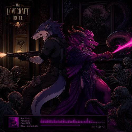 In the animated version of this universe, two adult male characters fight for their lives together against the undead inside the Lovecraft hotel. A bisexual Sergal and the homosexual drag queen the Dragon. Do better with music. Side view.