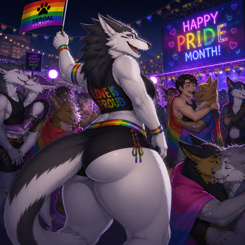 In animated universe, a well-made Sergal character with thick thighs and big buttocks also fluffy who’s happily celebrating on pride month at the party at night. Other Sergals, other anthros, and good humans too. Some kisses and some hugs.