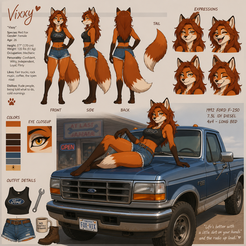 A beautiful female anthropomorphic fox lounging on the hood of a 1992 Ford F-250 pickup truck, reference sheet, animated version