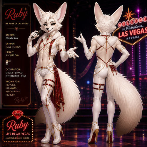 A well-made white furred fennec Fox male named Ruby, wears something attractive for entertainment for a show by self to dance/sing. Wears eyeliner and lipstick. Has a bushy tail. A grown femboy anthro. A star in Las Vegas. Well groomed. Front/back view. Animated verse.