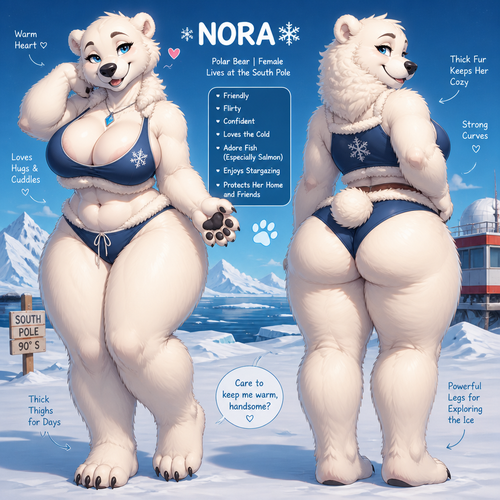 A busty well-made lovely anthro female polar bear that has thick thighs and thick fur who lives in a South Pole. Gives a friendly flirty pose. Front/back view. Animated verse.