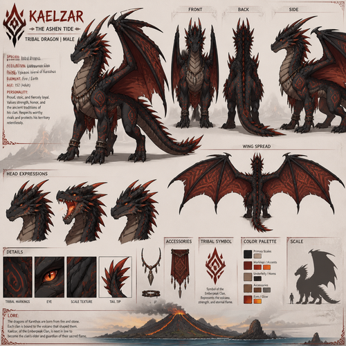 Male tribal dragon from a volcanic island. Reference sheet, anime art style.