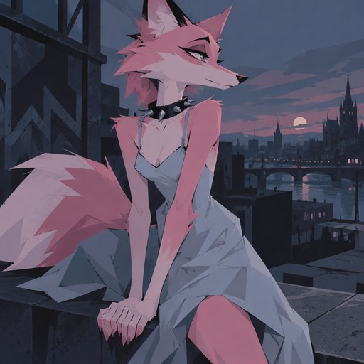 Pink fox furry, pale blue dress, small pale pink paws, black spike collar