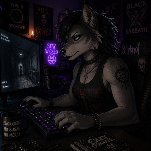 A tomboy dire Wolf female that wears a tank-top while facing a scariest action game on PC for her views. Well-made animated version view. Wears eyeliner and lipstick. A goth and hard rock fan.