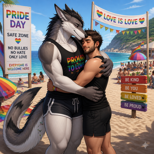 A well-made homosexual gay Sergal (male character) that wears tank-top and shorts that also has thick thighs and long tail is hugging a man on pride day where no any bully that bullies are not welcomed on a safe zone of a beach.