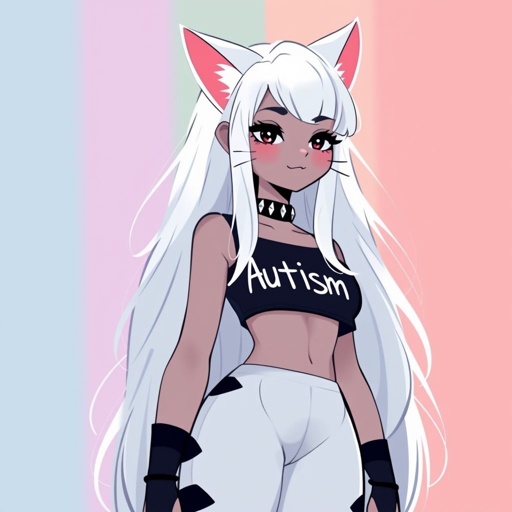 anthropomorphic fursona white cat with long white hair going to her waist she is flat chested wearing a black crop top saying autism and wearing a big spiky collar and with thick thighs and a small chest in a profile picture format