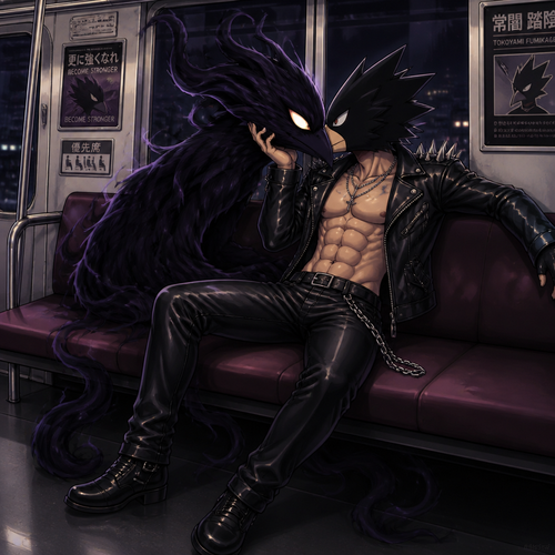Tokoyami Fumikage wearing leather pants with a chain hanging off the right hip, shirtless showing off 16 pack of abs, and a leather jacket with shirt spikes on the shoulders of the jacket. He is sitting on a train kissing his quirk Dark Shadow who is male. Anime art style, full body.