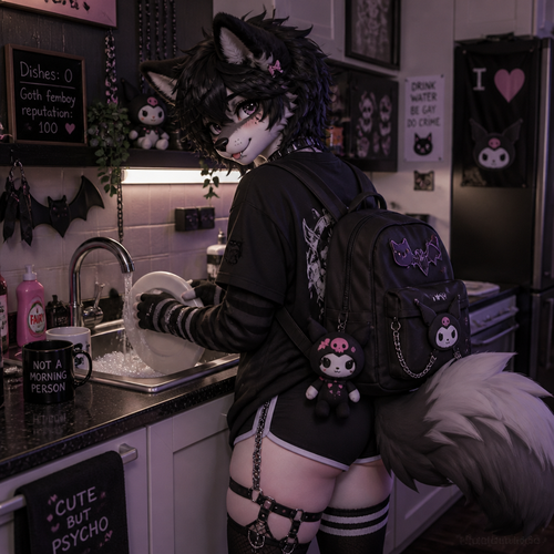 adorable goth furry femboy doing the dishes, backsack