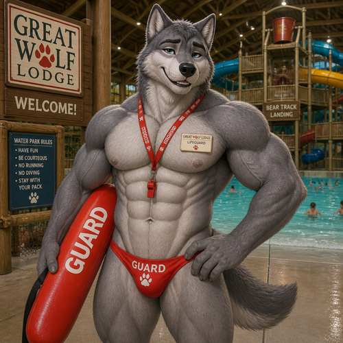 A well-made buff gay grey Wolf male character who works at Great Wolf Lodge the water park as a lifeguard and wears speedos.