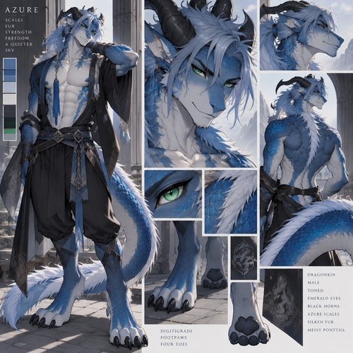 Male, azure dragon with fur and scales, black horns, hair in a messy ponytail, Toned, emerald  eyes, digitigrade footpaws, four toes, anime style, 