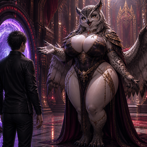 A well-made friendly yet beautiful grown adult female owl from hell and somewhere in the sci-fi palace that wears something and has thick thighs, wide hips, and has huge breasts who’s happily greeted a nervous grown human being that came from a portal.