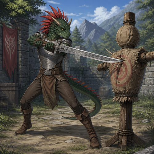 A male dark green Argonian wearing a metal chest plate, hide pants, leather adventuring boots, two spike horns coming out of both sides of his forehead, and red feathers coming out the top and back of his head. He is attacking a practice dummy with intricately designed sword. Anime art style, solo, full body.