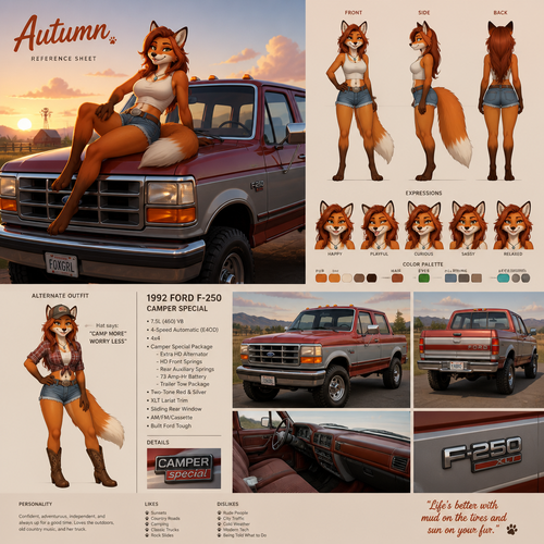 A beautiful female anthropomorphic fox lounging on the hood of a 1992 Ford F-250 with a Camper Special package and red and silver two tone paint, reference sheet, animated version