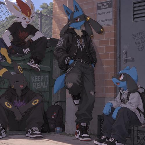 A high school aged male Lucario dressed as an American bad boy with gold piercings on his ear and aura feelers. He is hanging out with some friends behind the school. Anime art style, full body.