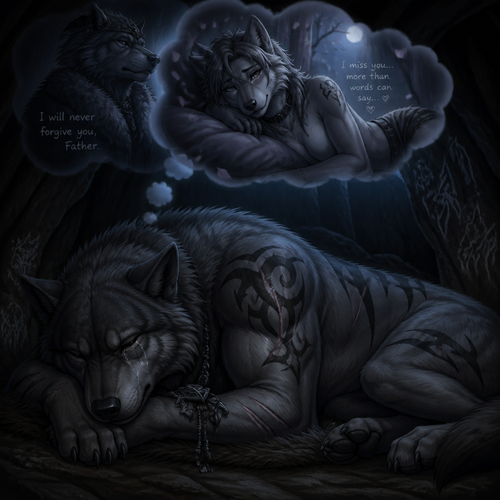 A well-made big and strong alpha male grey wolf tribal adult who is very sad and alone in a cave, sleeping yet sob a little, and dreaming in thoughts of how much he misses his ex-mate the grown femboy omega male grey wolf tribe despite his regrets and never forgave his father the alpha male in his sleep.