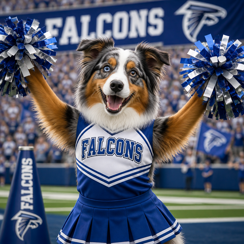 A female Australian shepherd cheerleader in a blue and white uniform cheering for a team called the “Falcons” 