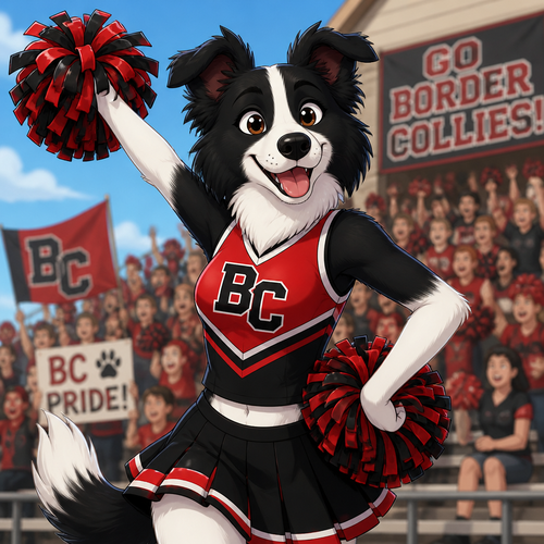 Anthropomorphic border collie cheerleader in a red and black uniform, animated style 