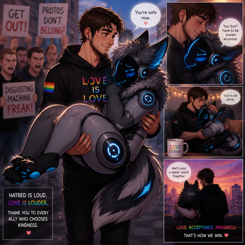 A shy (original character) thick Protogen who’s been carried by a friendly/loving Human male as a liberal and a Protogen lover who is saving from the haters. Well-made animated version.