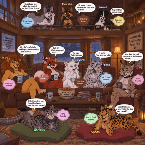 A female anthropomorphic fox named “Blaze” that has farts that smell like different flavors of soda, a female anthropomorphic Canadian lynx named “Jinx” that has farts that smell like different flavors of cake, a female anthropomorphic tabby cat named “Stripes” that has farts that smell like different flavors of taffy, a female anthropomorphic lion named “Kira” with a big mane and has farts smell like different flavors of cupcakes, a female anthropomorphic arctic fox named “Crystal” that has farts that smell like different flavors of chocolate, a female anthropomorphic border collie named “Jamie” that has farts that smells like different flavors of popcorn, a female anthropomorphic German shepherd named “Porsha” that has farts that smell like different flavors of brownies, a female anthropomorphic husky named “Ash” that has farts that smell like different flavors of snow cones, a female anthropomorphic cheetah named “Spots” that has farts that smell like different kinds of sports drinks, and a female anthropomorphic snow leopard named “Frost” that has farts that smell like different flavors of ice cream, they are in a cozy living room in a cabin, Kira is on a recliner on the left side of the couch, Blaze Frost and Crystal are on a couch, Jinx is on a recliner on the right side of the couch, Stripes Spots are on the floor on big cushions, Ash Porsha and Jamie are in the loft above everyone but still talking with everybody, everyone is letting out gentle farts, everyone is gossiping, animated version. 