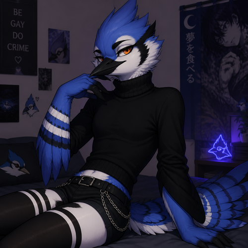 Create a femboy anthropomorphic blue jay bird in black turtleneck with with orange eyes