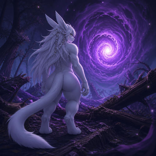 A well-made adult anthro male character that looks like Ori. Has thick legs, round buttocks, and a long tail, also has long thick hair with hair tools. Looking suspiciously at the vortex that appears itself out of nowhere. Back view. Into the collapsed trees on a ground.  