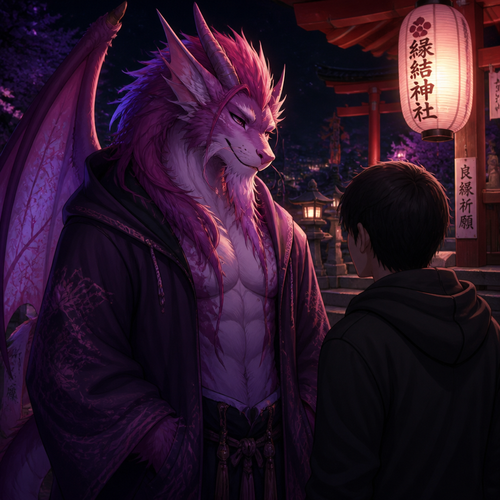 A well-made pink and purple furred grown homosexual male character, a lung dragon that wears a robe with a hoodie who met a human at the shrine at night.