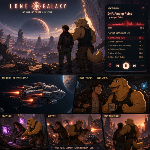 In a lone galaxy, a well-made animated version. In a spaceship, a human pilot/scavenger, and his best friend a thick homosexual anthro gay golden retriever with floppy ears. Both finding themselves on a scavenging hunt and knows how to defend themselves from any threats even some robots. In an abandoned planet at the unknown in a city of ruins. And do better with music.