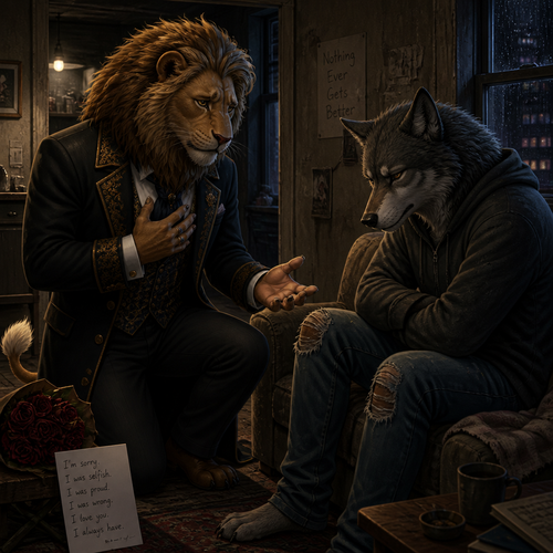 A (well-made grown anthropomorphic male character) rich Barron a Lion with a sad look that wears whatever he wears who came to see a unhappy non-rich anthro male grey Wolf for an apology for how he’s sorry and tell him he loves him and says his feelings for him.