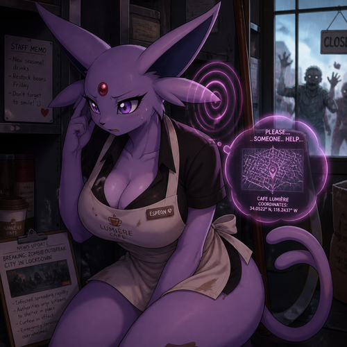 A well-made busty grown female character, Espeon. Who works at a cafe and wears an apron. Hides somewhere because being scared of zombies outside. Animated universe. Tries her best to read minds and send help despite on today’s news about the outbreak.
