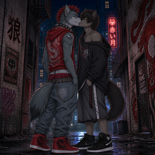 A young male grey dire wolf wearing saggy jeans with maroon colored boxers poking up above the waistband, a red dragon themed sleeveless hoodie, a pair of red high top shoes, and a spiked collar snug around his neck with a wolf skull emblem hanging off it, with a short red mohawk hairstyle. He is kissing a male friend dressed in loose shorts, an oversized hoodie with one side falling off the shoulder and black sneakers. Anime art style, full body.