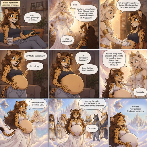 A multi panel comic about a lanky female anthropomorphic leopard named Lexi, it starts with her in her living room then a goddess comes down to tell Lexi she’s a new goddess of pregnancy, after that the goddess gently touches Lexi’s belly and then it swells to 35 weeks pregnant, after that she goes to the sky with the other gods, animated style