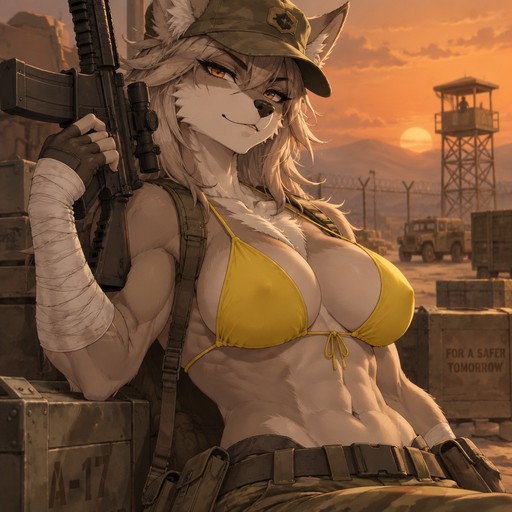 A high-quality 2D anime-style digital illustration depicting an anthropomorphic furry character with an attractive, muscular physique—showcasing powerful biceps, a full bust, and defined abs. She wears a weathered olive-green military cap and a bright yellow bikini top, maintaining a confident expression. Her right arm is heavily wrapped in white bandages extending from the wrist to the mid-forearm, and she holds a black tactical rifle. She strikes a confident, slightly provocative pose set against a desert military base; the silhouette of a distant watchtower and a wire fence stand out against a hazy, orange-hued sky. The composition is a half-body shot focusing on the character's torso and face, captured from a dramatic angle. Directional lighting creates soft shadows that accentuate the contours of her silhouette. The color palette is dominated by muted earthy tones, contrasting sharply with her fur and the vibrant yellow of her swimwear. The atmosphere is rugged yet serene.