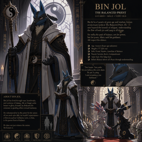 A well-made Pokemon male character, Lucario. A priest knows the balances both yin and yang not just religion. In anthro verse. Big and tall also very old but still tough. Wears a robe and a hoodie. So serious and mature. So brave and caring. In a name of aura. Name Bin Jol. Old but still powerful and has responsibility. Volunteer to be a priest at the wedding who pronounce them both husbands, a Sylveon and a Umbreon.