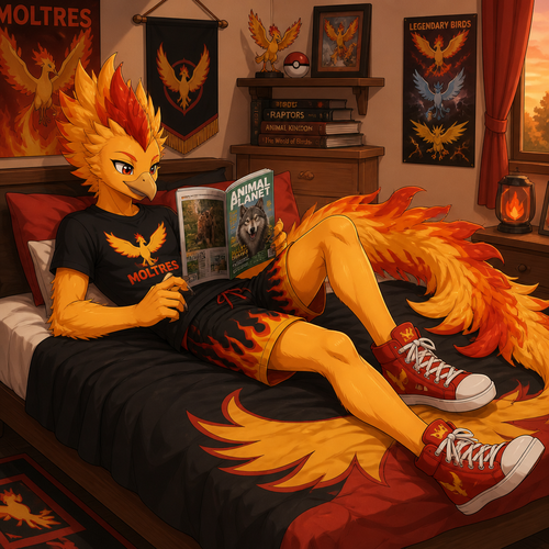 A young anthropomorphic phoenix wearing Moltres themed shirt, fire themed shorts, red high top shoes, and a plumage mohawk. He is laying on his bed reading a magazine on animals. Anime art style, solo, full body.