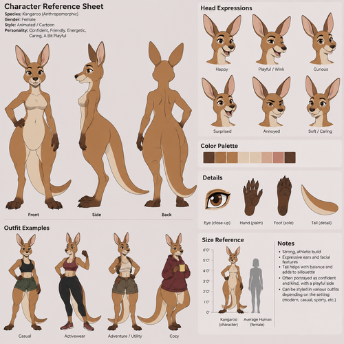 A female anthropomorphic kangaroo, animated version’s, reference sheet