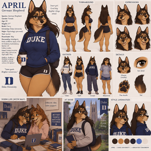A beautiful curvy female German shepherd named April who lives in a college dorm with her roommate May, goes to Duke University, she typically wears glasses, reference sheet, animated version
