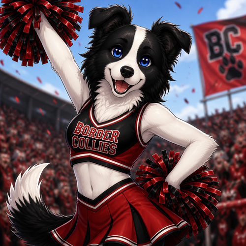Anthropomorphic border collie cheerleader with dark blue eyes in a red and black uniform, animated style 